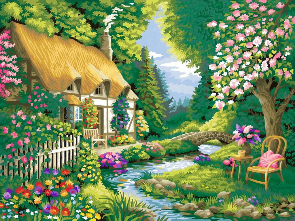 Cottage with amazing Garden on the River/ Large Cross Stitch